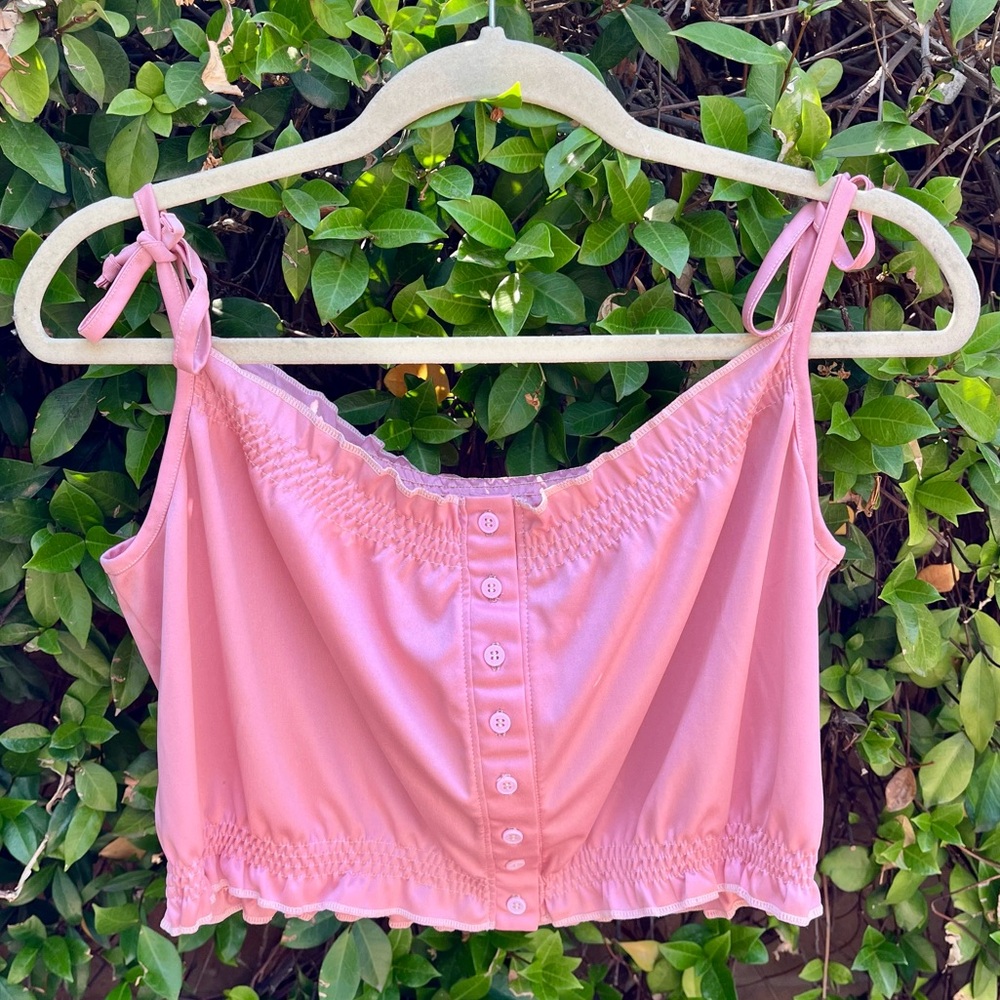 Vintage Pink Satin Full Button Down Ruched Crop Blouse with Tie Strap Closure